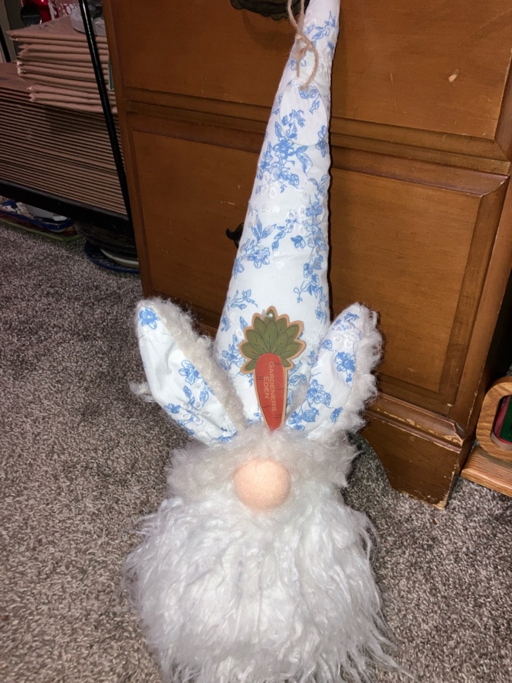 Gardeners Eden Floral Blue & White Bunny Gnome Home Accent 20” New